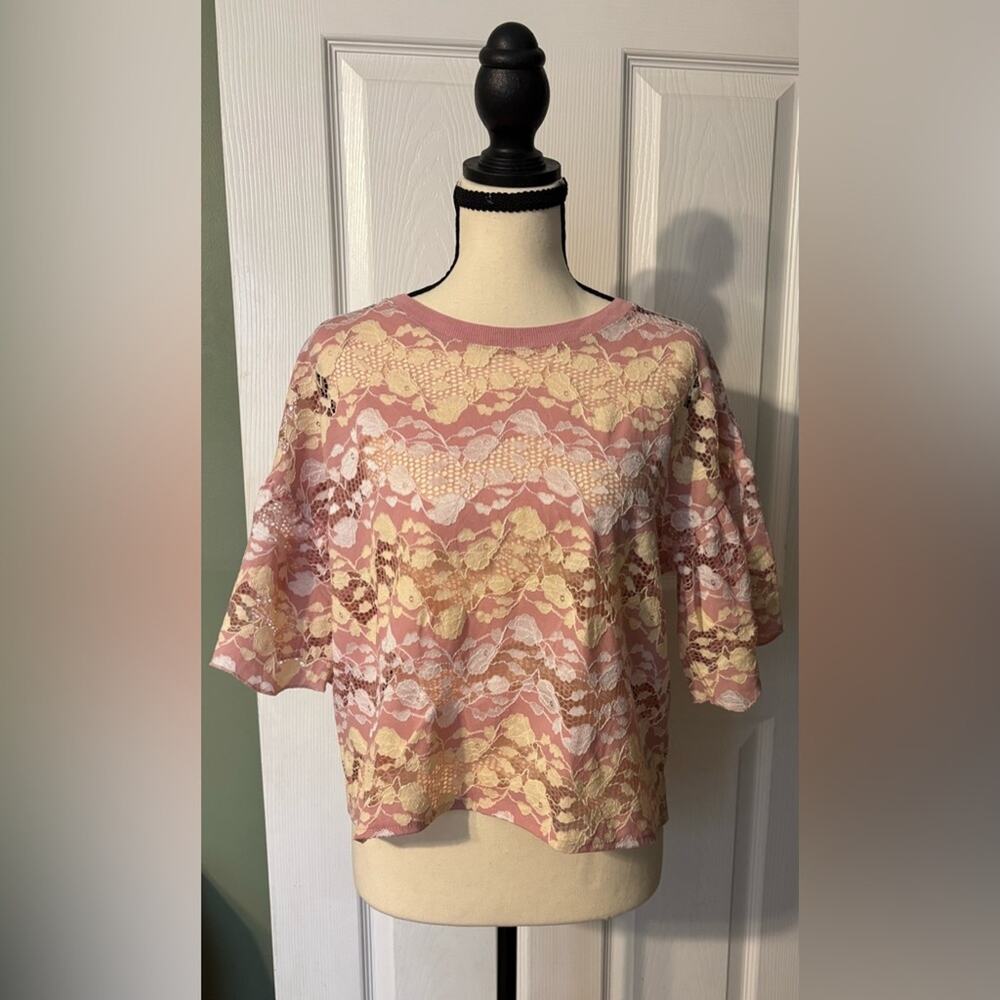 ZARA Top Women's Medium Pink Lace Overlay Short Sleeve Pink Ivory